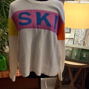 Vince Camuto White Pullover Sweater with Pink Band and Blue 'SKI' Lettering